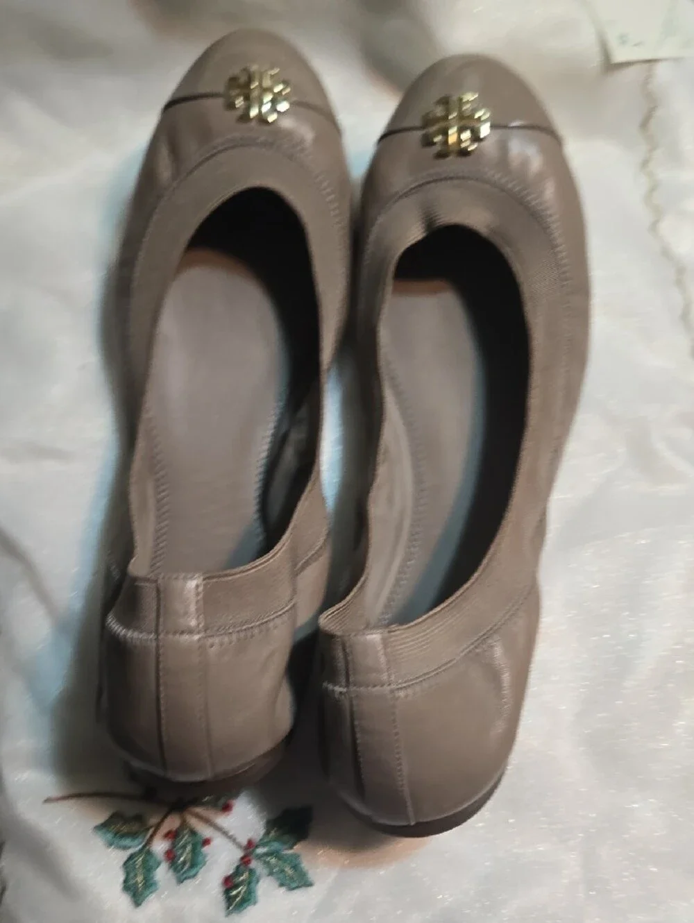 Tory Burch Taupe Patent & Leather Logo Ballet Flats